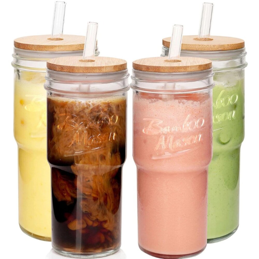 4 Packs 24oz Glass Cups with Lids and Straws ,Travel Coffee Mug Bamboo Mason
